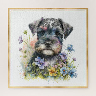 Puzzle Chiot Schnauzer avec cadre or