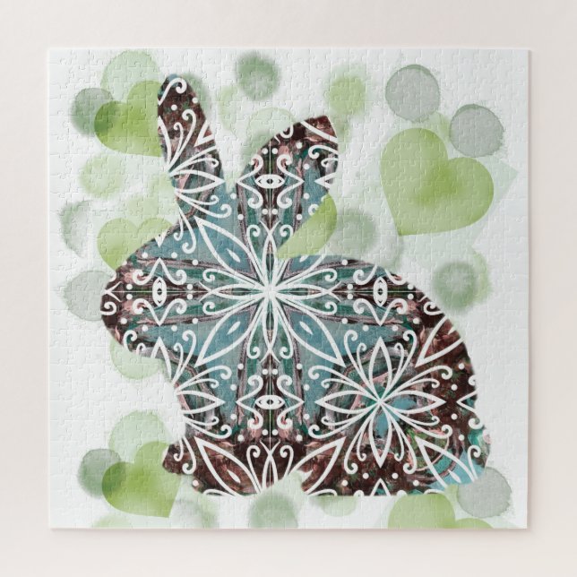 Puzzle Chocolat et lapin Mandala bleu doux au coeur (Vertical)