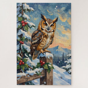 Puzzle Chouette effraie vintage sur clôture gelée Noël