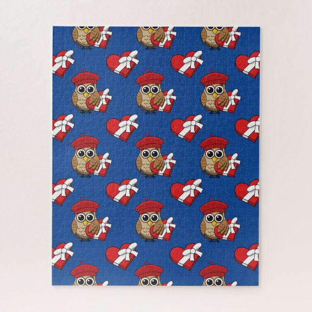 Puzzle Chouette mignonne avec béret rouge et boîte cardia (Vertical)