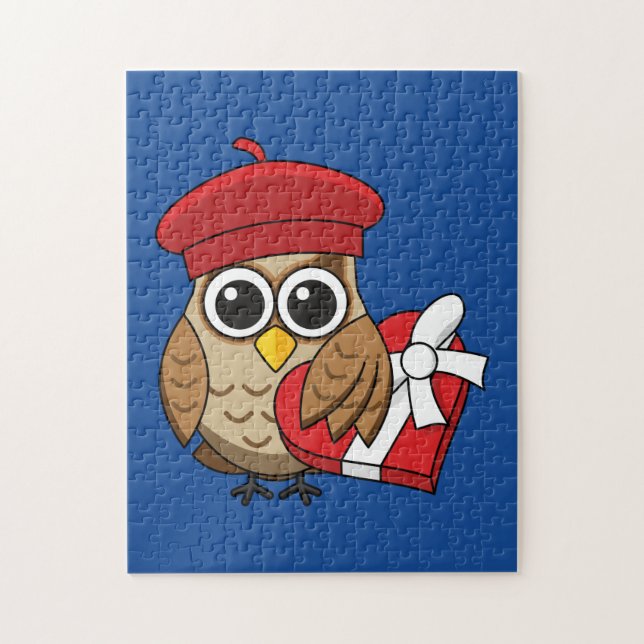 Puzzle Chouette mignonne avec béret rouge et boîte cardia (Vertical)