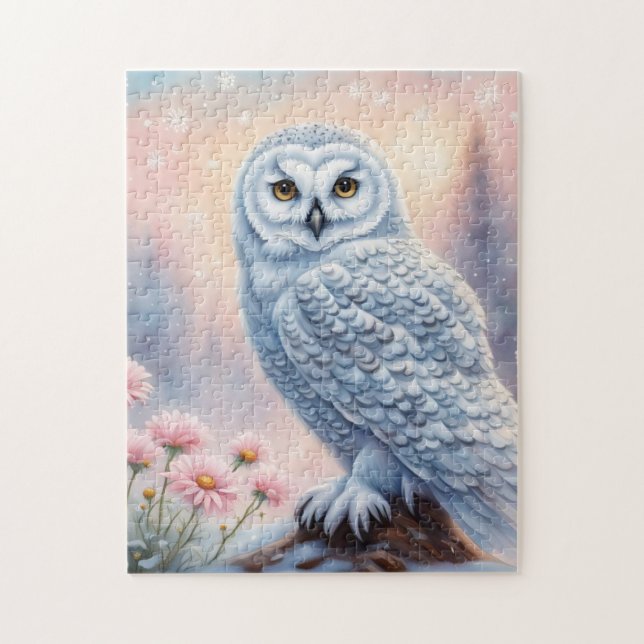 Puzzle Chouette neige de Noël, fleurs roses. (Vertical)