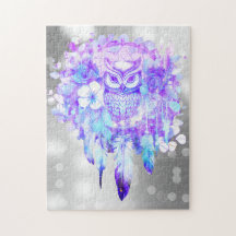 Chouette Totem Dreamcatcher Plumes florales Gris p