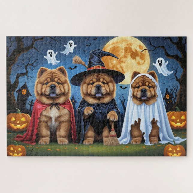 Puzzle Chow Chow Chien Citrouille Halloween drôle (Horizontal)