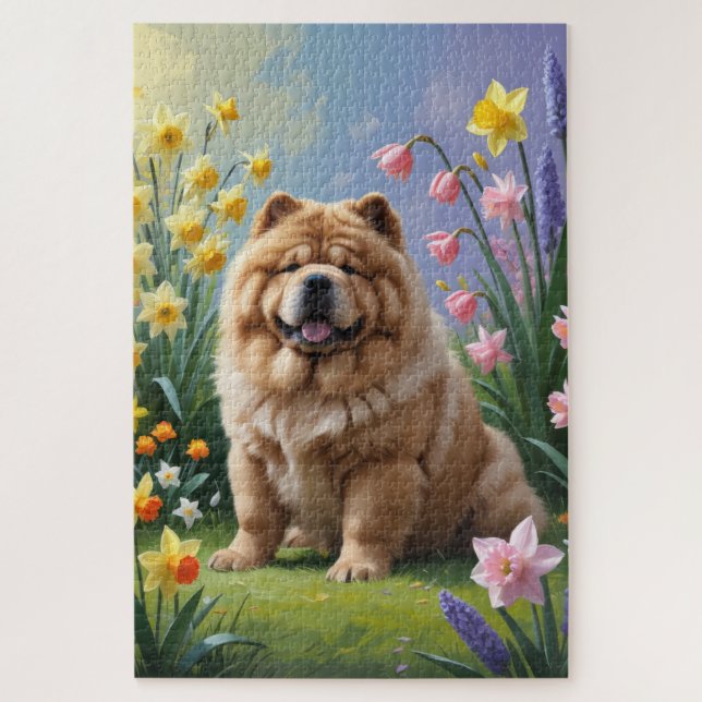 Puzzle Chow Chow Chien Fleurs de printemps Peinture (Vertical)