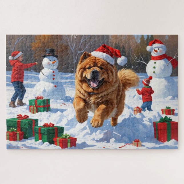Puzzle Chow Chow coule en neige avec le Casquette de Noël (Horizontal)