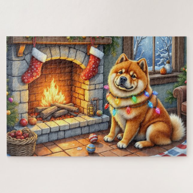 Puzzle Chow Chow Sitting Fireplace with Christmas Lights (Horizontal)