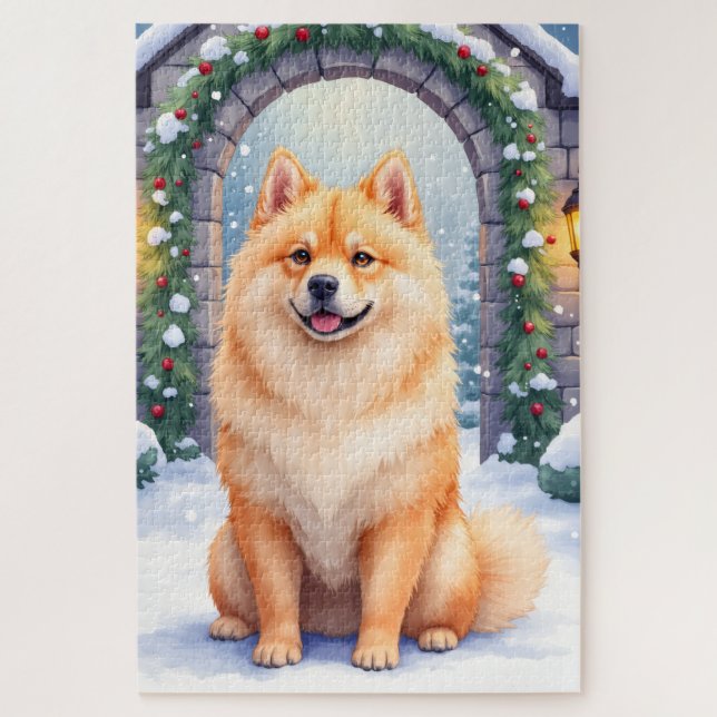 Puzzle Chow Chow Snowy Stone Courtyard Christmas Art (Vertical)