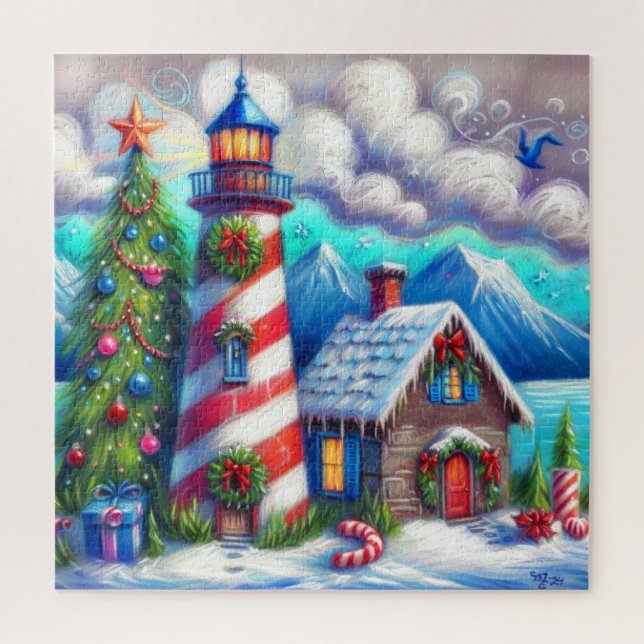 Puzzle Christmas Lighthouse Nautical Coastal Mountain (Vertical)