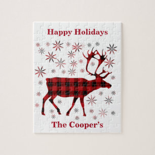 Puzzle Christmas Moose, Deer, elk, caribou, red plaids