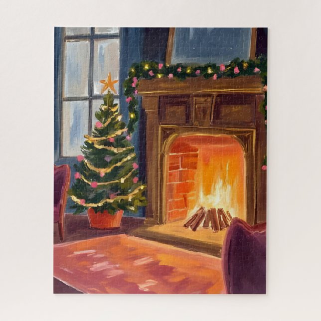 Puzzle Christmas Morning Fireplace Watercolor (Vertical)