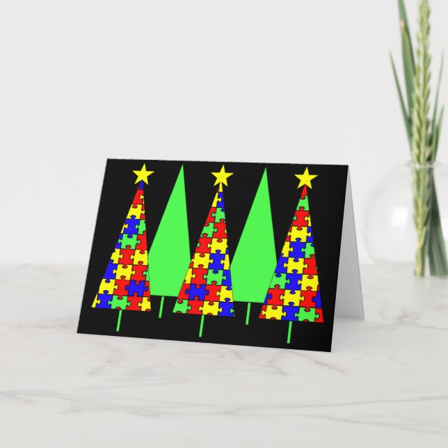 Puzzle Christmas Trees - Autism Awareness Holiday Card (Front)