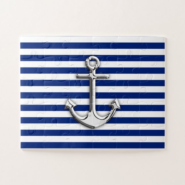 Puzzle Chrome Comme Ancre sur la Marine Blue Stripes Déco (Horizontal)