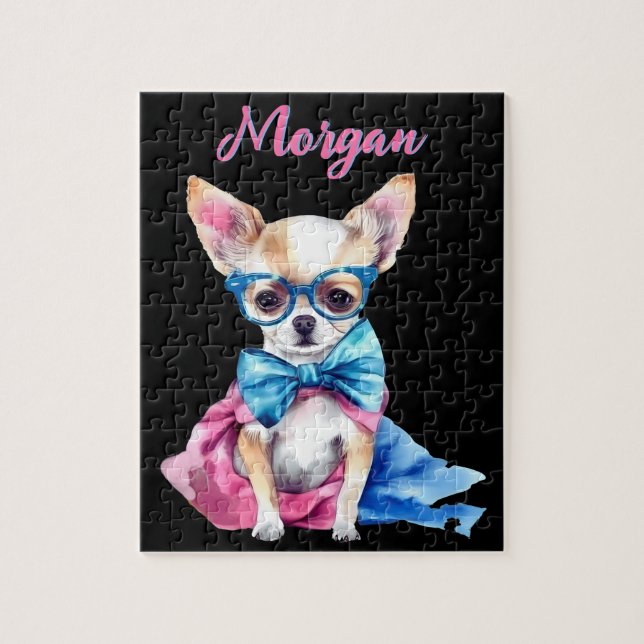Puzzle Chuppy Chihuahua portant des lunettes avec nom (Vertical)