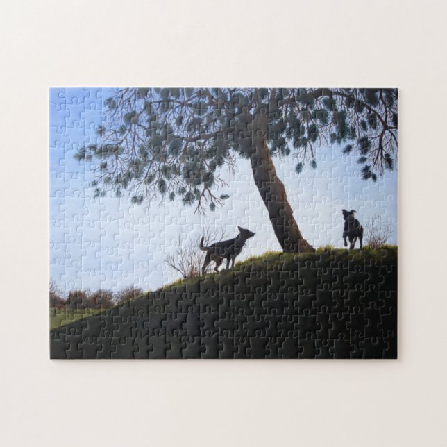 Puzzle ciel bleu sur le paysage du parc avec deux chiens (Horizontal)