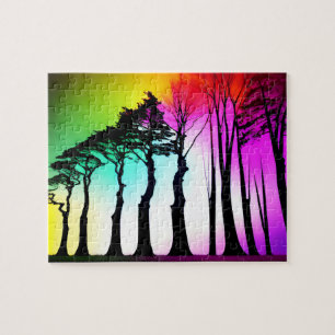 Puzzle Ciel vibrant arc-en-ciel sur les Silhouettes noire