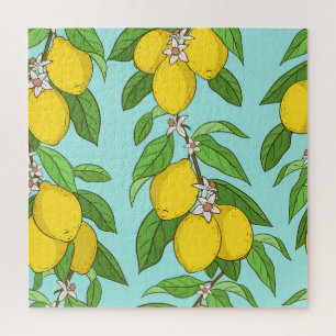 Puzzle Citrons, Arrière - plan Bleu Vibrant sans couture.