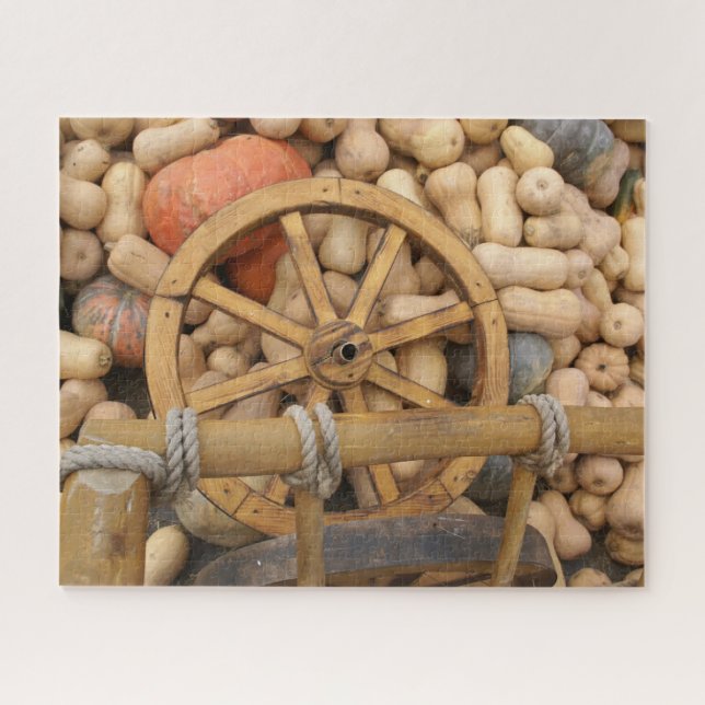 Puzzle Citrouilles et Roue de la charrette rurale en bois (Horizontal)