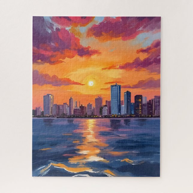 Puzzle City Skyline Sunset Watercolor Art (Vertical)