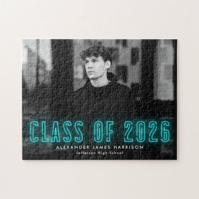 Puzzle Classe Cyan Neon moderne de 2025 Graduation Photo (Horizontal)