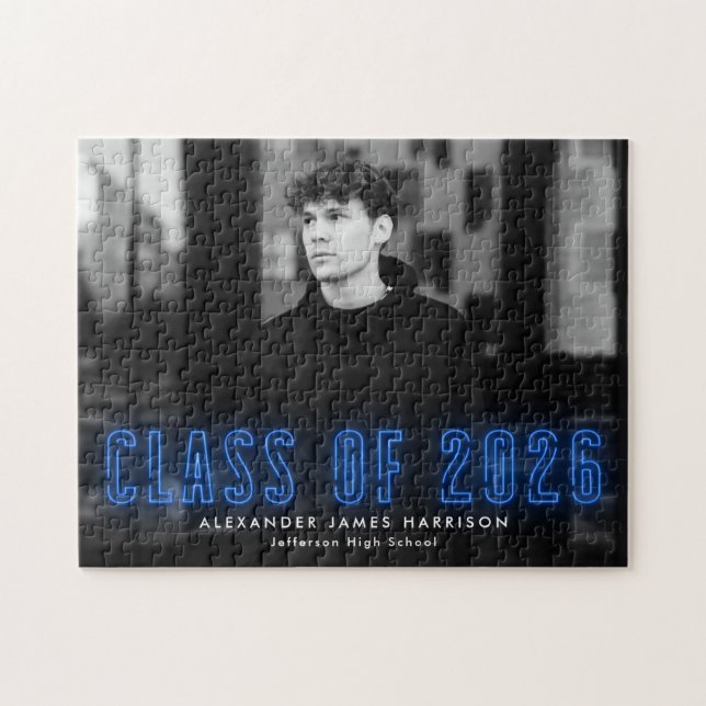 Puzzle Classe de Néon Bleu Moderne de 2025 Graduation Pho (Horizontal)