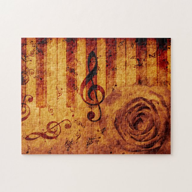Puzzle Clés de piano avec notes musicales et rose (Horizontal)