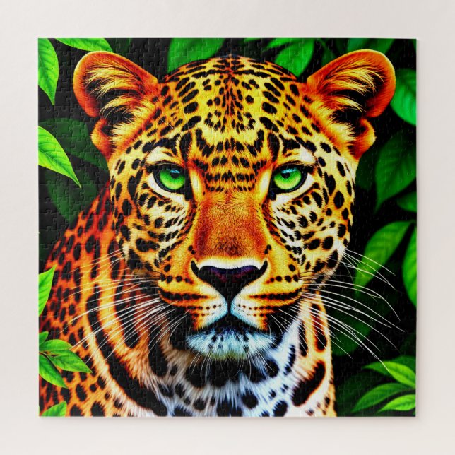 Puzzle Close-Up Jaguar Leopard Face with Green Eyes (Vertical)