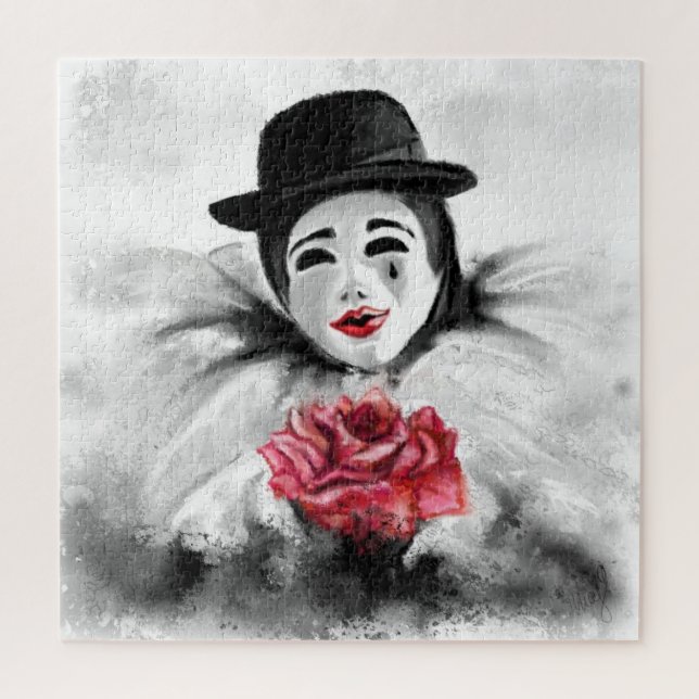 Puzzle Clown et Rose - Romantique Black White Peinture Ar (Vertical)