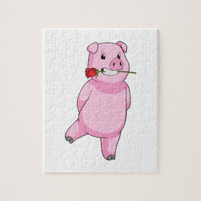Puzzle Cochon avec fleur Rose (Vertical)
