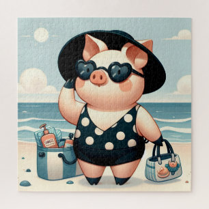 Puzzle Cochon mignon en maillot de bain à pois à la plage