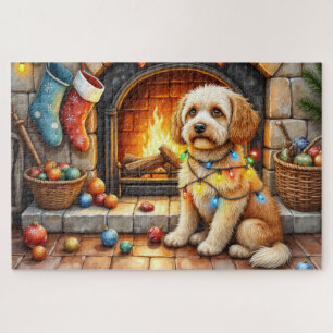 Puzzle Cockapoo assis près de la cheminée avec des lumièr
