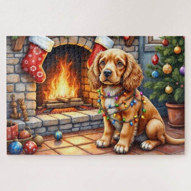 Puzzle Cocker Spaniel by Fireplace with Christmas Lights (Horizontal)