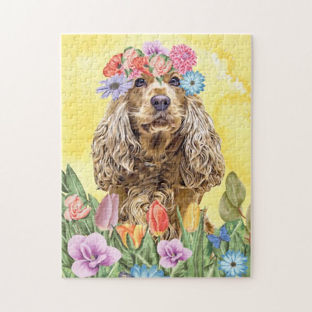 Puzzle Cocker Spaniel Chien avec Fleurs Printemps (Vertical)