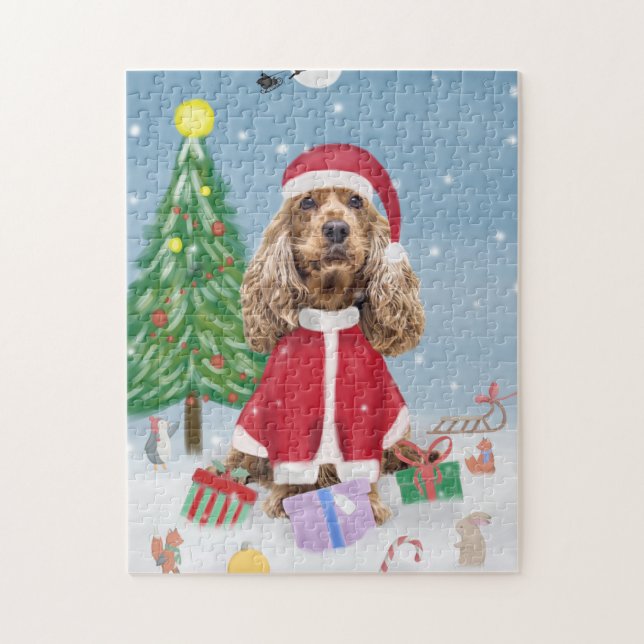 Puzzle Cocker Spaniel Chien en neige avec cadeaux de Noël (Vertical)