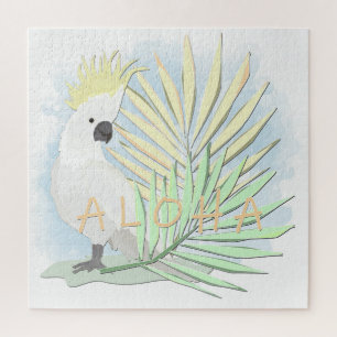 Puzzle Coco de perroquet blanc en feuille de palmiers.