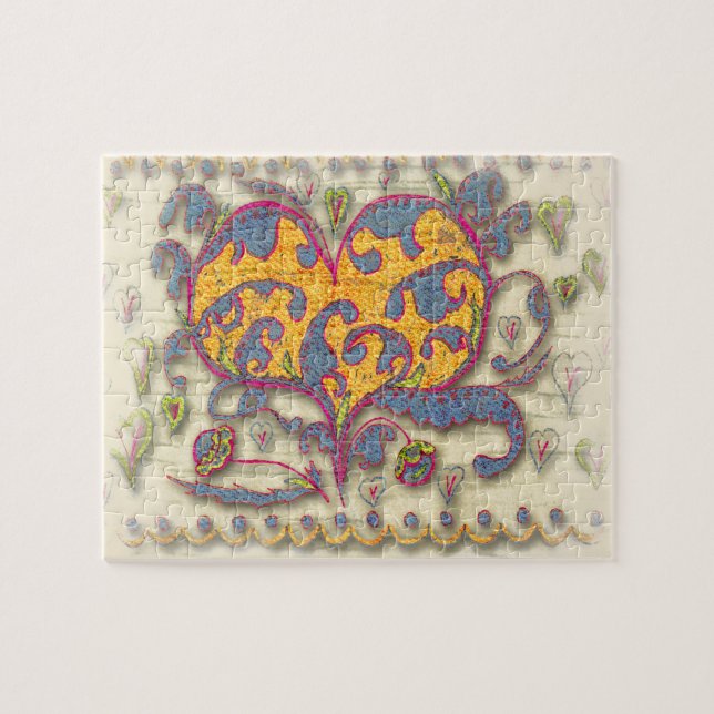 Puzzle Coeur d'art populaire avec feuilles et fleurs (Horizontal)