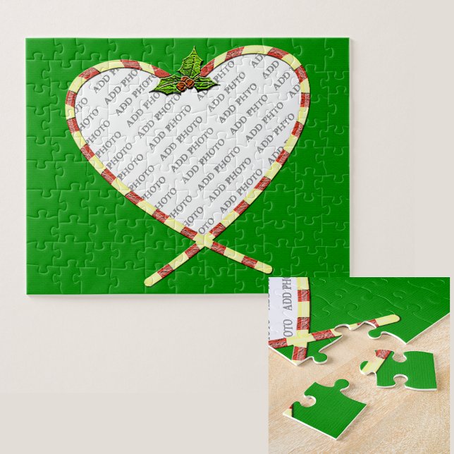 Puzzle Cœur de Canne à Sucre Votre Photo (Candy Cane Heart Your Photo Jigsaw Puzzle)