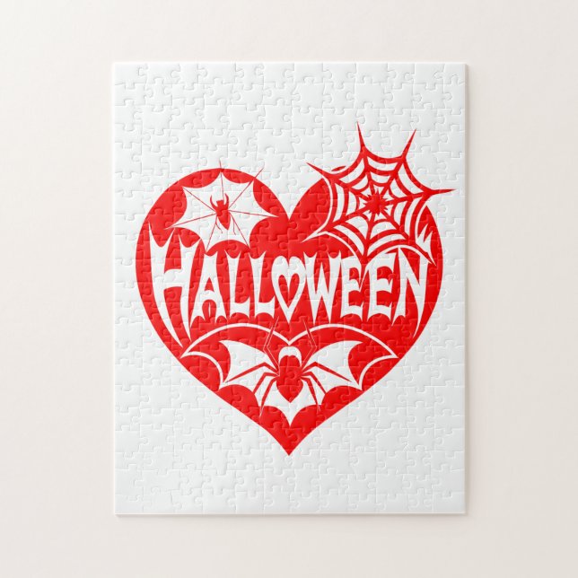 Puzzle Cœur d'Halloween, Forme de cœur rouge, Toile d'ara (Vertical)