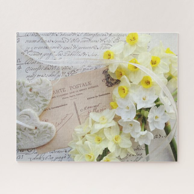 Puzzle Coeurs, fleurs de printemps sur la vieille carte p (Horizontal)