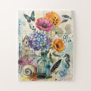 Puzzle Collage d'art mixte botanique vibrant