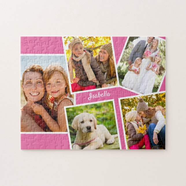 Puzzle Collage de photos - 5 photos et votre nom - rose (Horizontal)