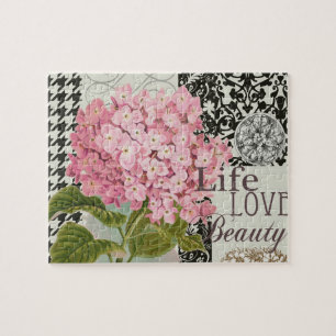 Puzzle Collage d'hortensia rose chic Art damassé vintage
