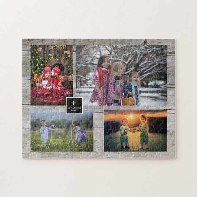 Puzzle Collage familial 4 photos sur monogramme de bois r (Horizontal)