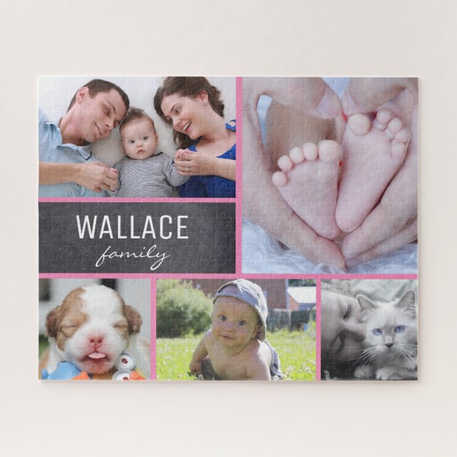 Puzzle Collage rose photos avec nom de famille 5 images (Horizontal)