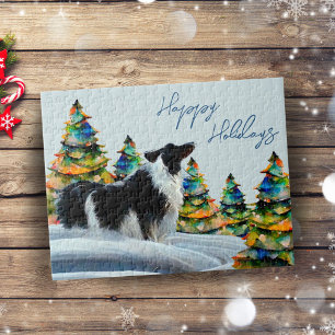Puzzle Collie frontalier en hiver Forêt de neige Arbre de