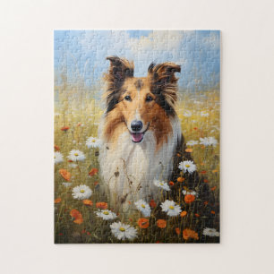 Puzzle Collie rugueuse dans le champ de fleurs