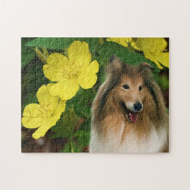 Puzzle Collie Yellow Primrose Chien Art (Horizontal)