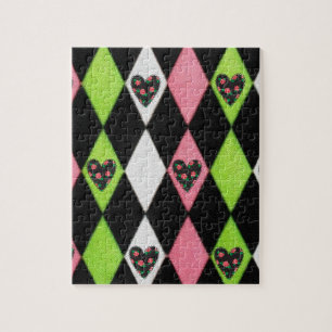 Puzzle Colorful harlequin Print with Rose Hearts