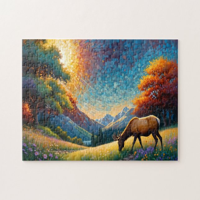 Puzzle Colorful Meadow Elk with Flowers Art (Horizontal)