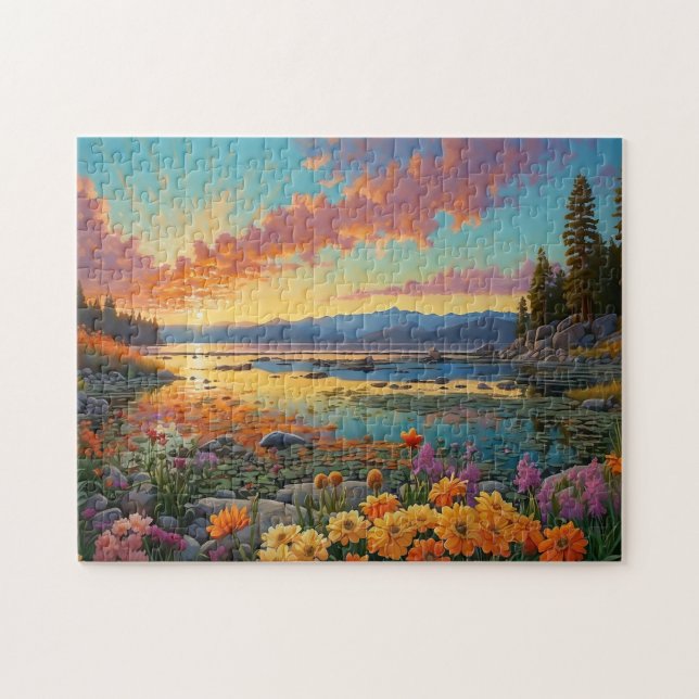 Puzzle Colorful Mountain Lake Flowers Art (Horizontal)